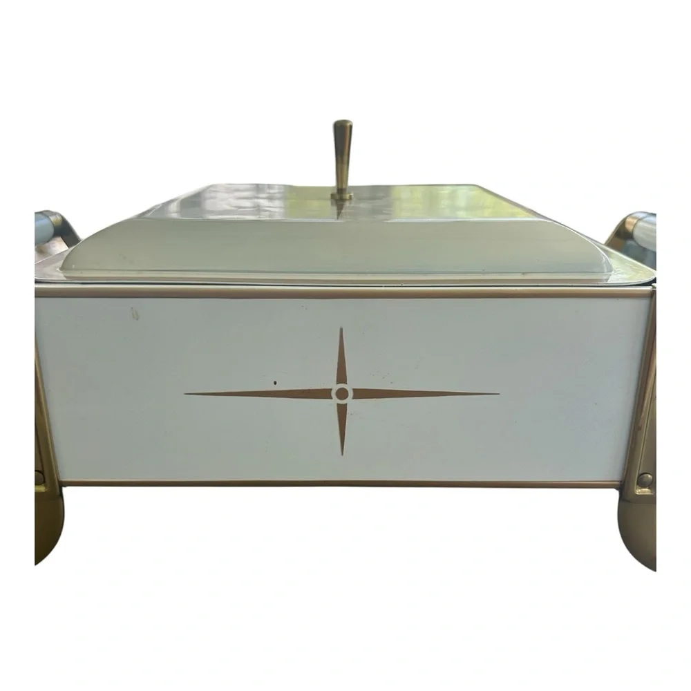 VTG MCM Atomic Chafing Dish Warmer Off White Gold Enamel Footed 9x9 Retro READ
